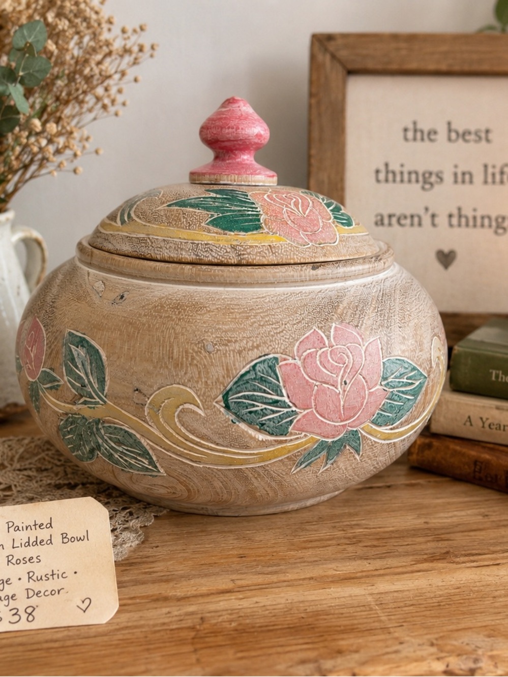Hand-Turned Hand-Painted Wooden Lidded Bowl with Pink Roses,Rustic Cottage Decor
